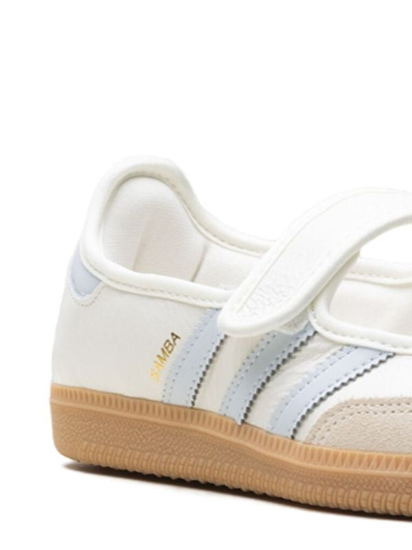 white adidas Samba Mary Jane sneaker with gum sole and velcro strap