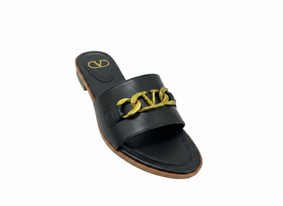 Valentino VLogo Black Slide Sandals 🖤✨ Gold Chain Edition