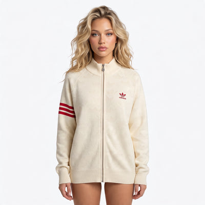 Cream Adidas full-zip track jacket with red trefoil logo and red sleeve stripes