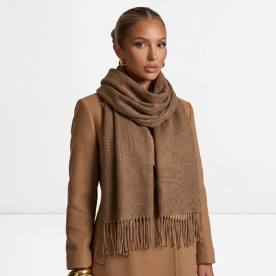 Brown Louis Vuitton monogram fringed shawl wrapped on model