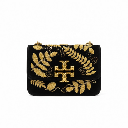 Tory Burch Embroidered Velvet Shoulder Bag – Black & Gold Luxe ✨🖤