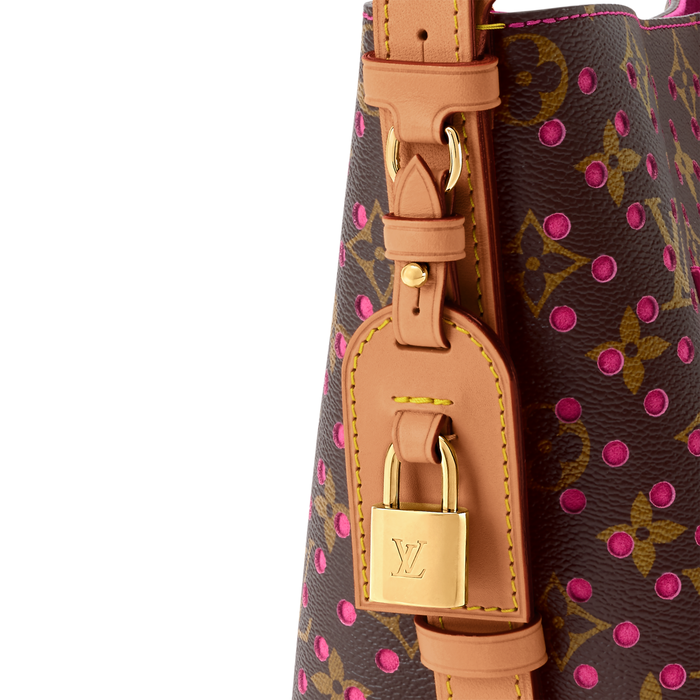 Louis Vuitton brown monogram bucket bag with pink perforations and natural leather handle