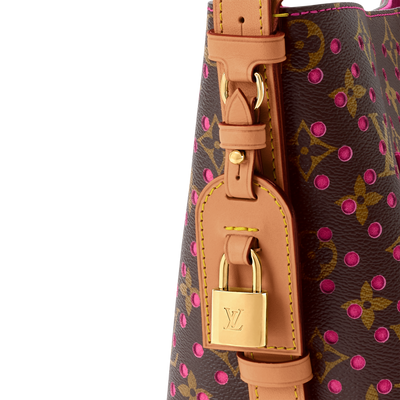 Louis Vuitton brown monogram bucket bag with pink perforations and natural leather handle