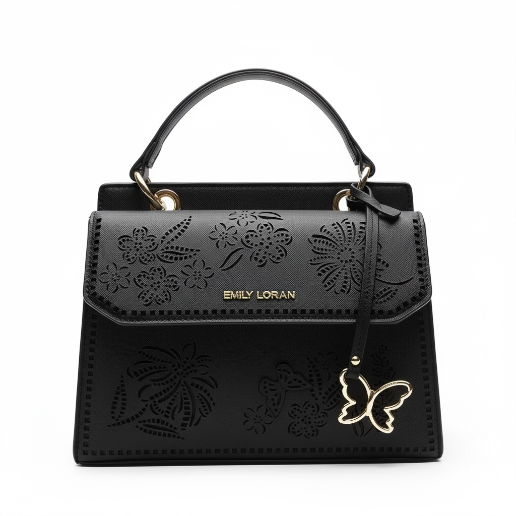 Emily Loran Black Laser-Cut Floral Handbag 🖤👜✨