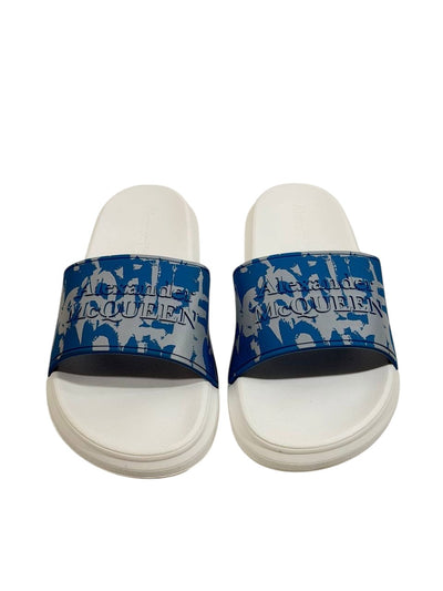 Alexander McQueen Urban Graphic Slide Sandals – Blue & White Luxury Streetwear 💙✨