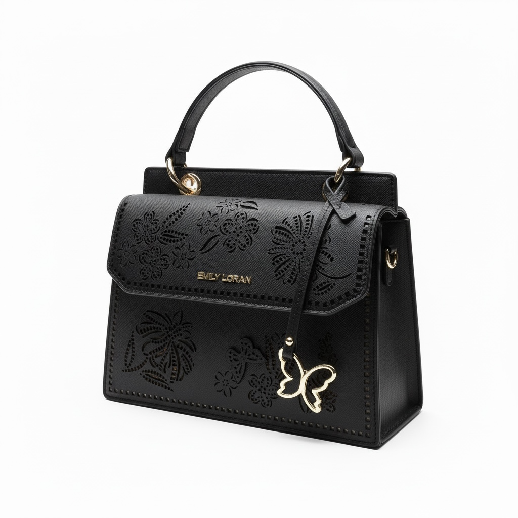 Emily Loran Black Laser-Cut Floral Handbag 🖤👜✨