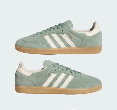 Adidas Samba seafoam green suede sneaker with white stripes and gum sole