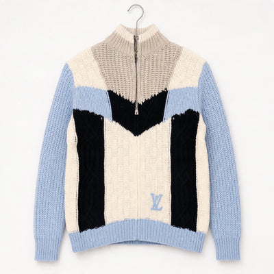Louis Vuitton cable-knit zip sweater in light blue cream and black with LV zipper pull