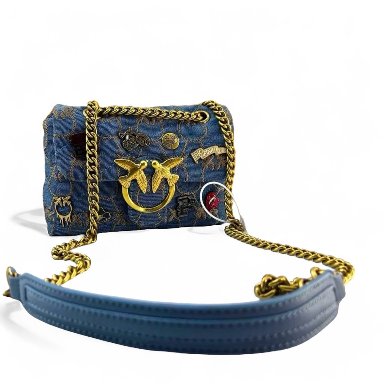 Stylish Pinko Denim Handbag with Gold Accent Charms