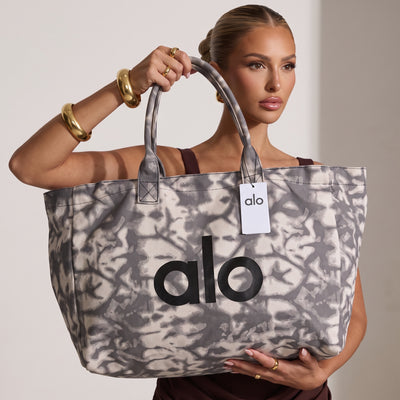 Grey marble tie-dye Alo logo oversized tote bag with rolled handles