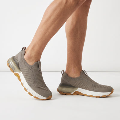 Skechers taupe knit slip-on sneaker with chunky white midsole and gum Goodyear outsole