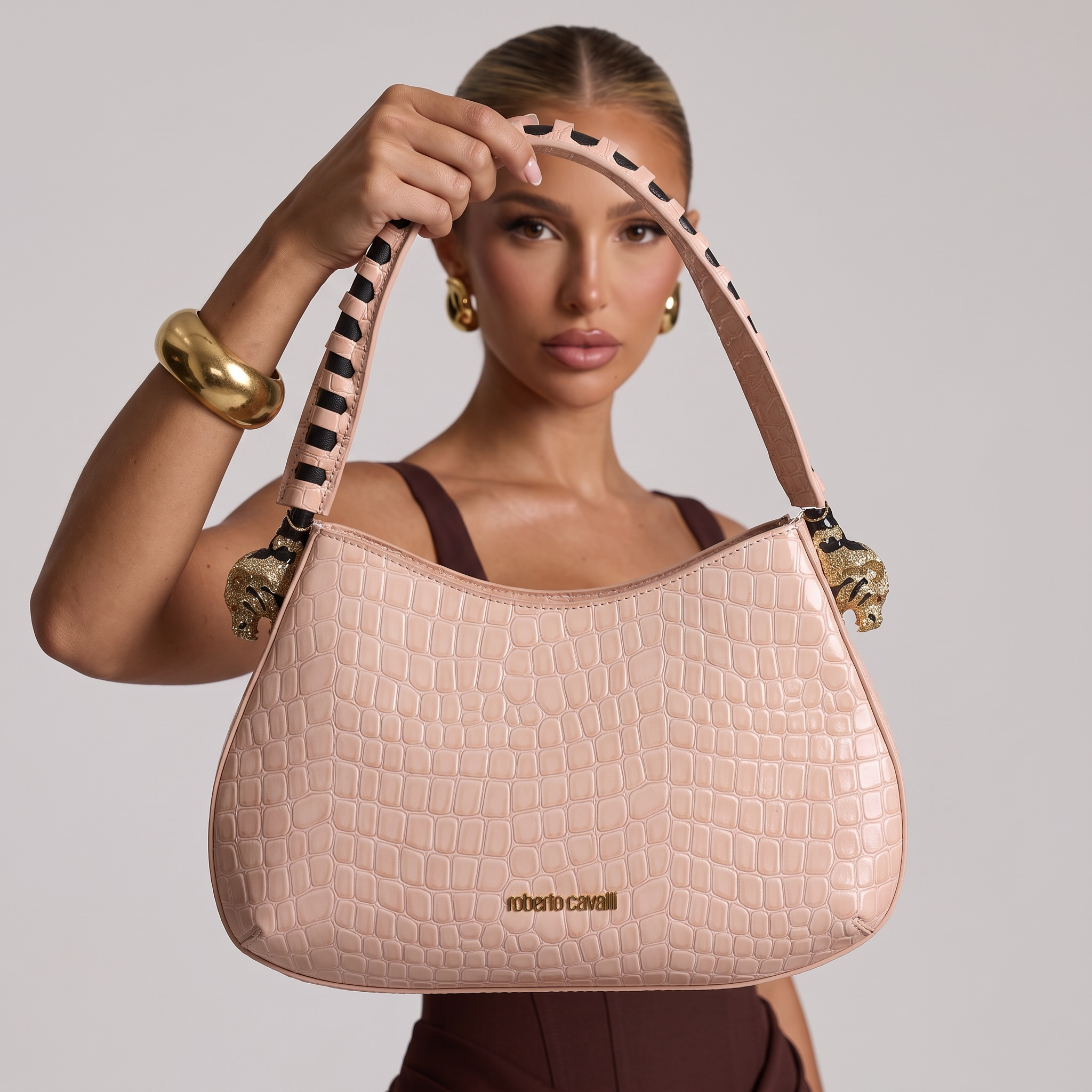 Roberto Cavalli Croc-Embossed Leather Hobo Shoulder Bag – Blush Pink