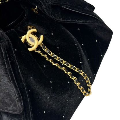 Chanel Velvet Crystal Quilted Shoulder Bag – Black & Gold ✨🖤