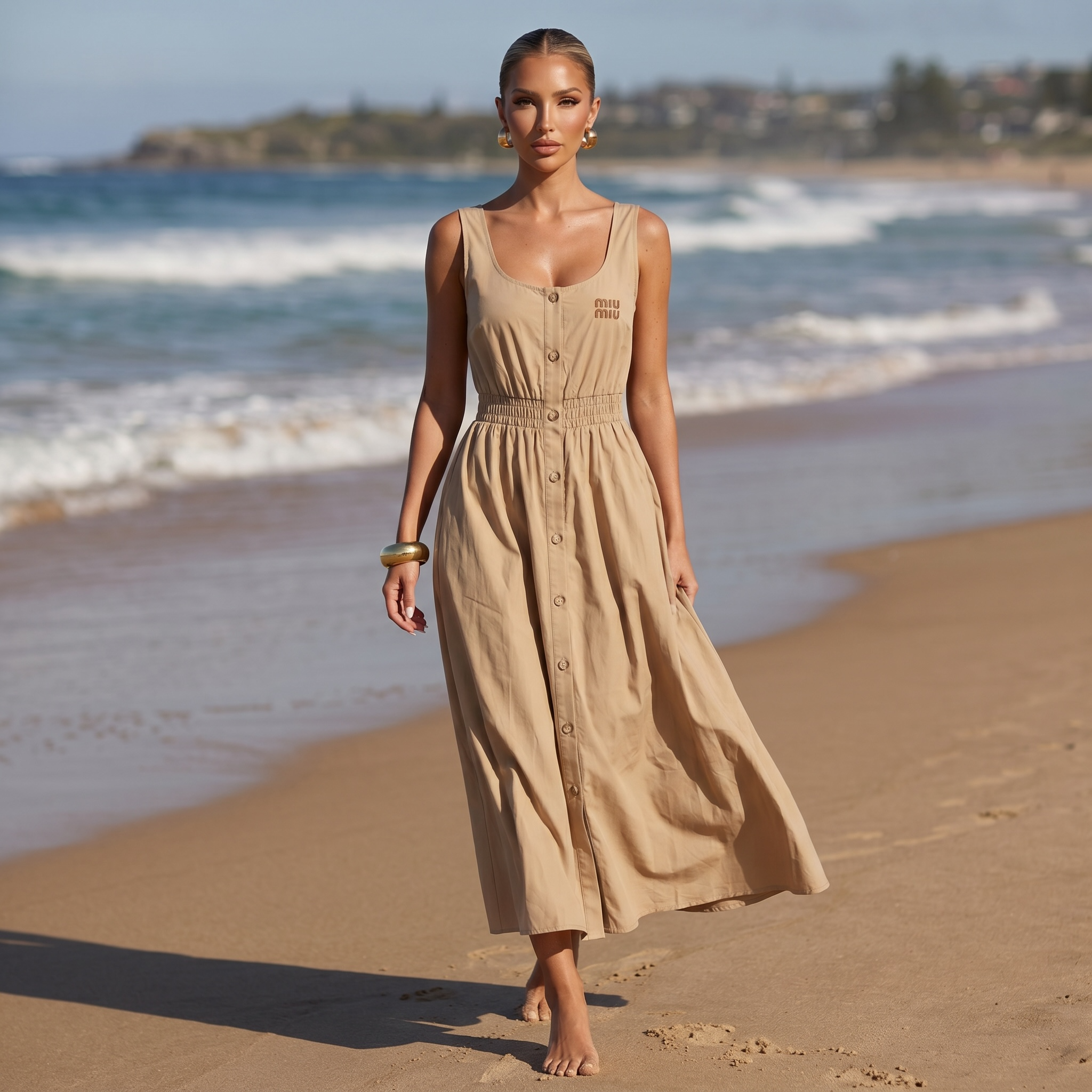 🤎 Miu Miu Sleeveless Cotton Midi Dress – Sand Beige ✨