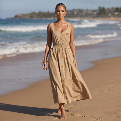 🤎 Miu Miu Sleeveless Cotton Midi Dress – Sand Beige ✨