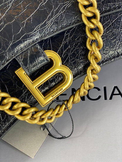 Balenciaga Hourglass Chain Bag in Black Crinkled Leather