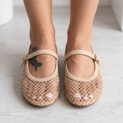 ✨ Alaïa Mesh Mary Jane Ballet Flats – Gold Beige