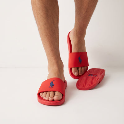Red Polo Ralph Lauren rubber slides with navy pony logo