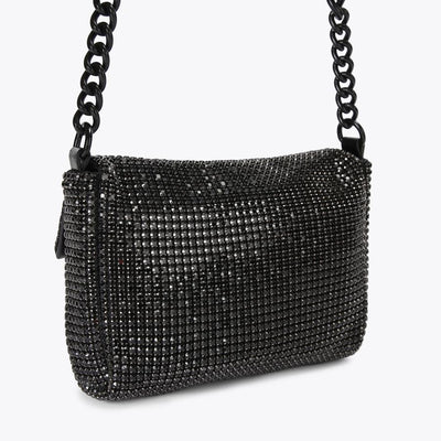 black crystal-embellished shoulder bag with chunky chain and bird-head clasp
