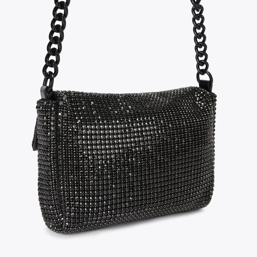 black crystal-embellished shoulder bag with chunky chain and bird-head clasp