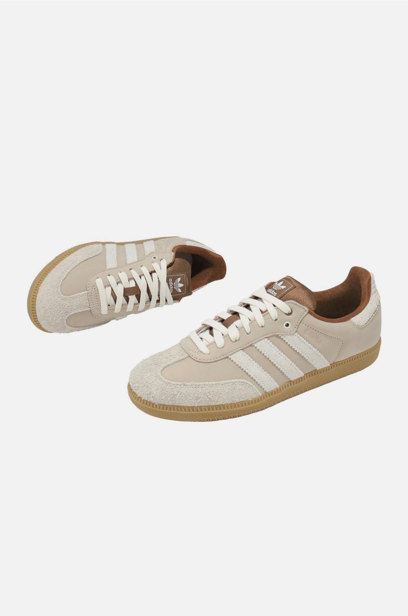 Adidas Samba low-top sneaker in chalk beige with off-white stripes and gum sole