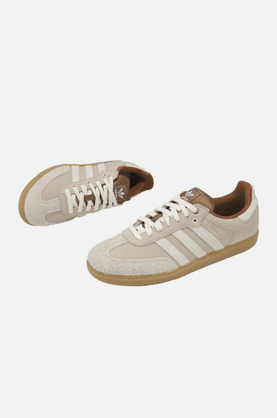 Adidas Samba low-top sneaker in chalk beige with off-white stripes and gum sole