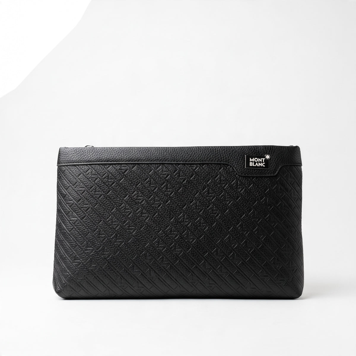 Black Montblanc zip pouch with embossed texture and metal logo plaque