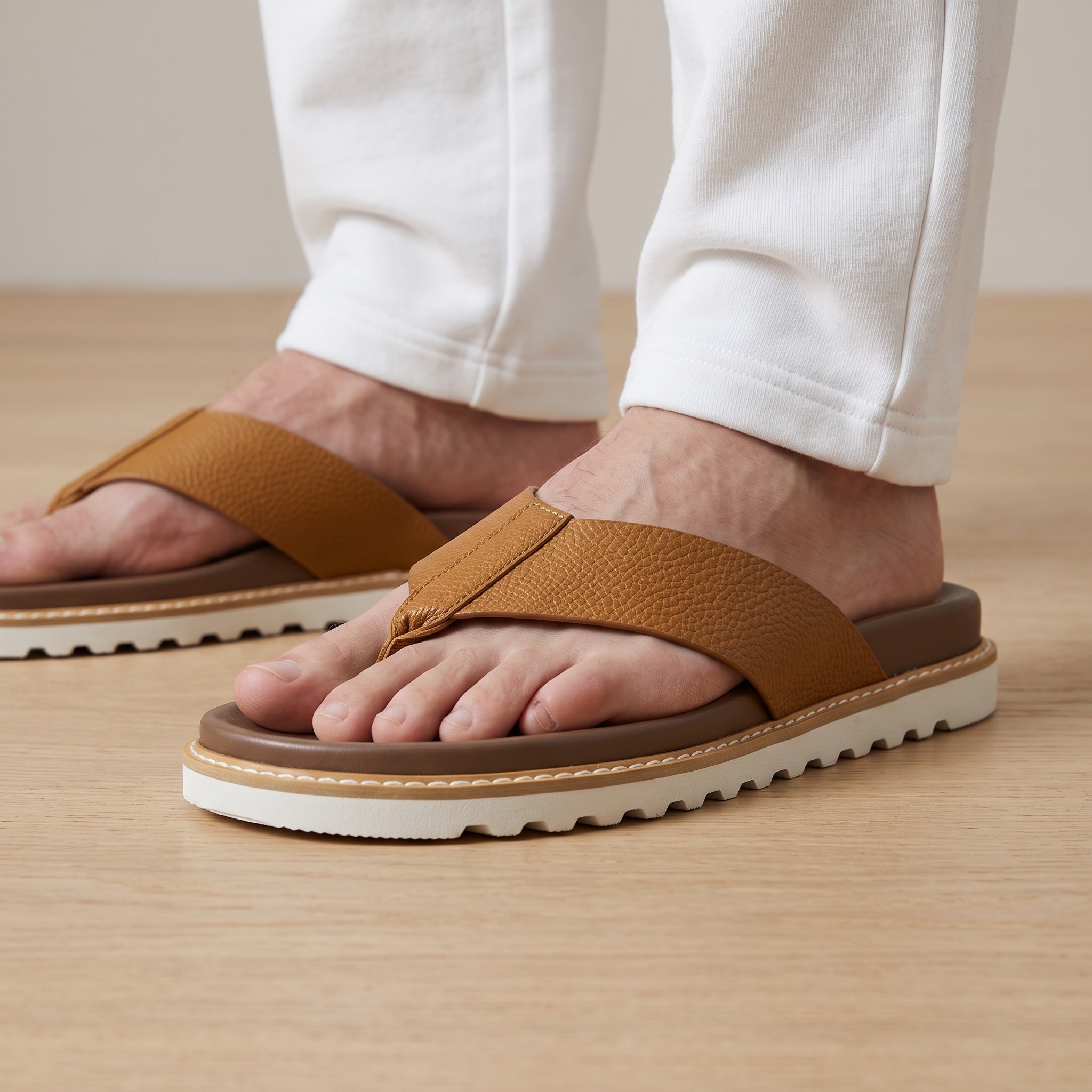 men's tan pebbled leather thong sandal with chunky white lug sole