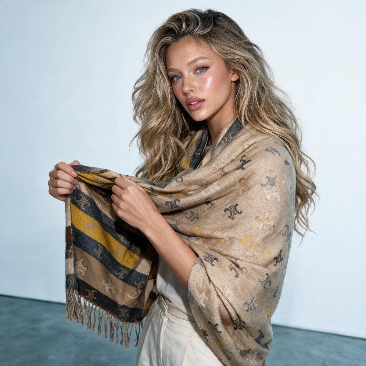 camel coloured scarf with repeating Triomphe monogram motif and fringed ends wrapped around model