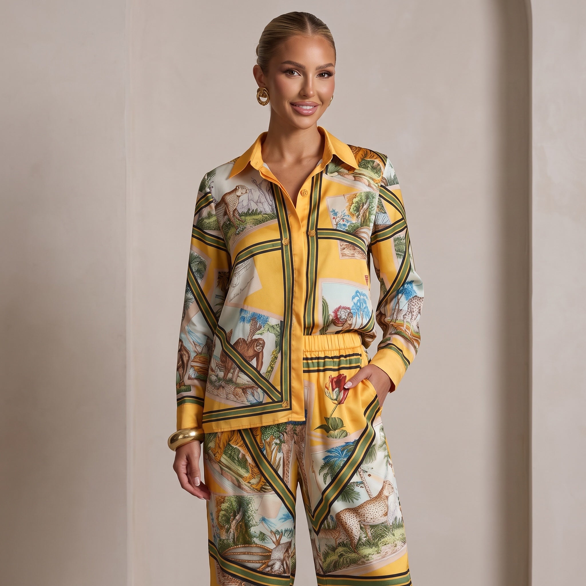 Yellow printed two-piece pajama set with button shirt and wide-leg trousers