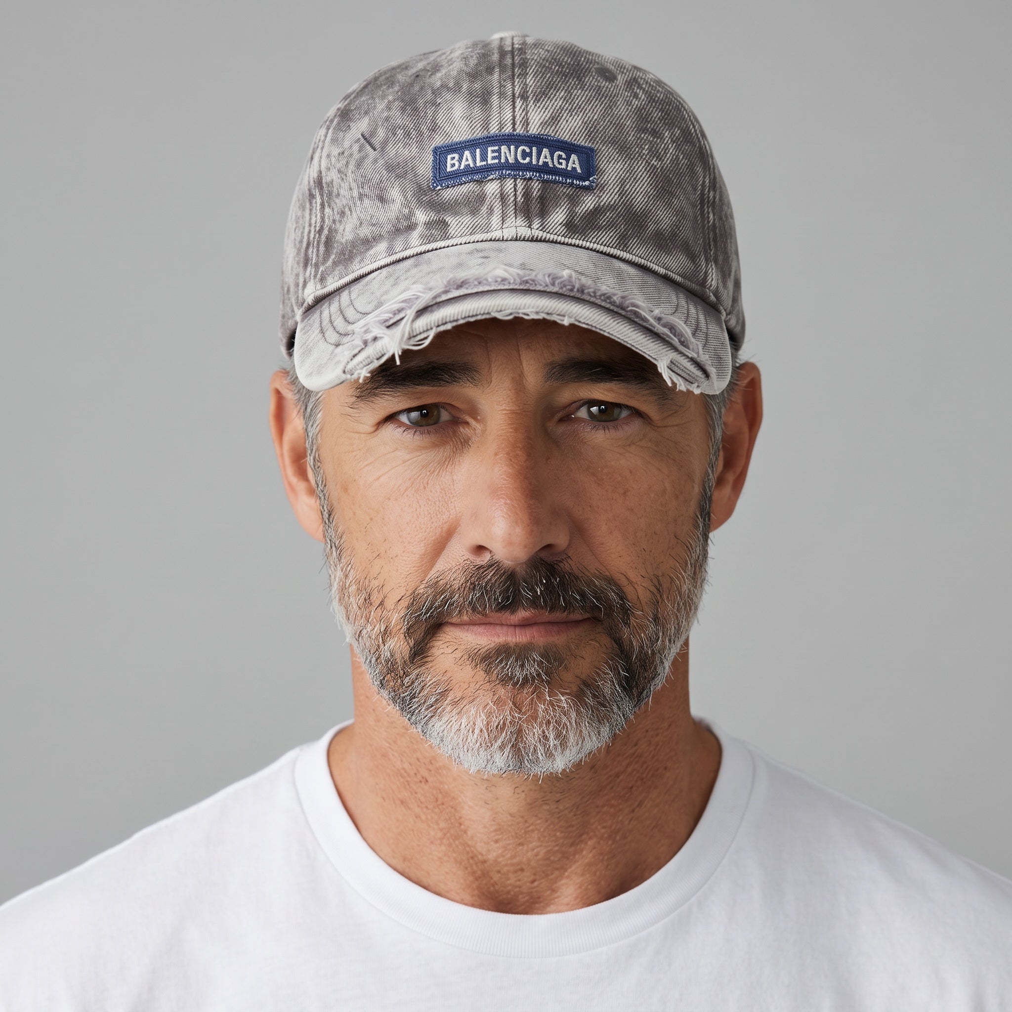 Man wearing a grey distressed denim Balenciaga logo baseball cap