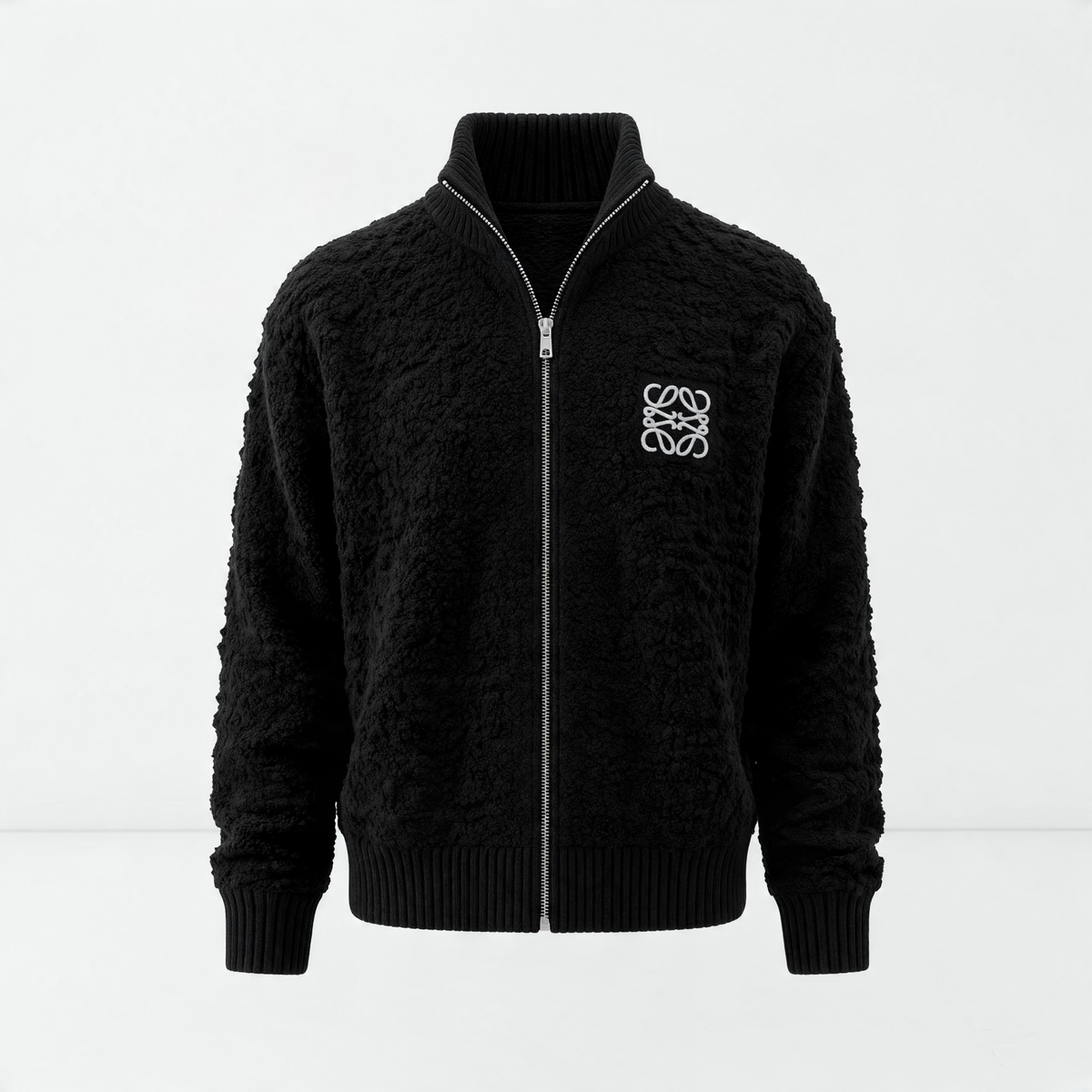 black sherpa zip jacket with ribbed collar and embroidered Loewe logo