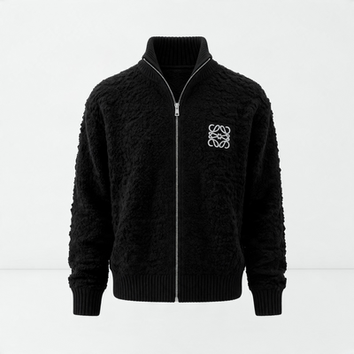 black sherpa zip jacket with ribbed collar and embroidered Loewe logo