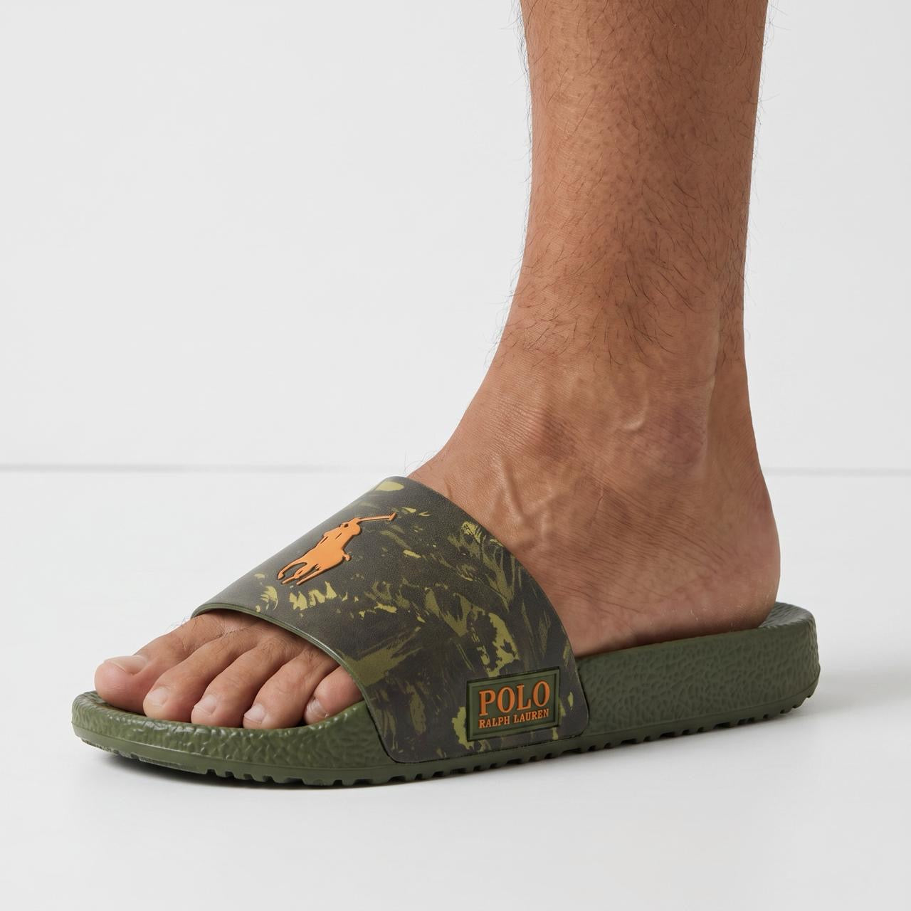 Polo Ralph Lauren olive camo slide with orange pony logo on foot
