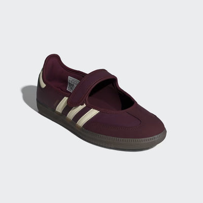 maroon adidas samba mary jane sneaker with cream three stripes and velcro strap