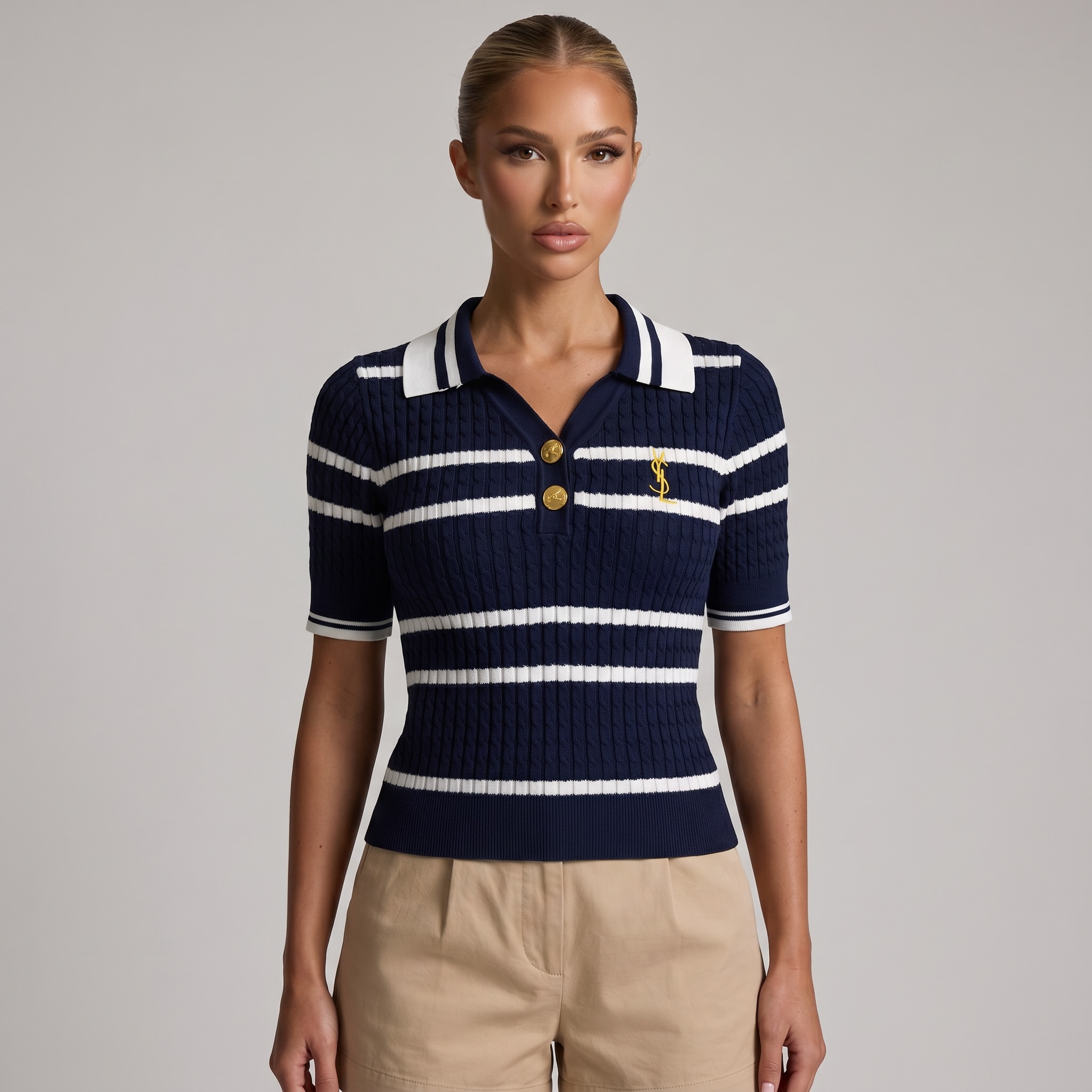💙 Saint Laurent Navy Nautical Cable Knit Polo Top