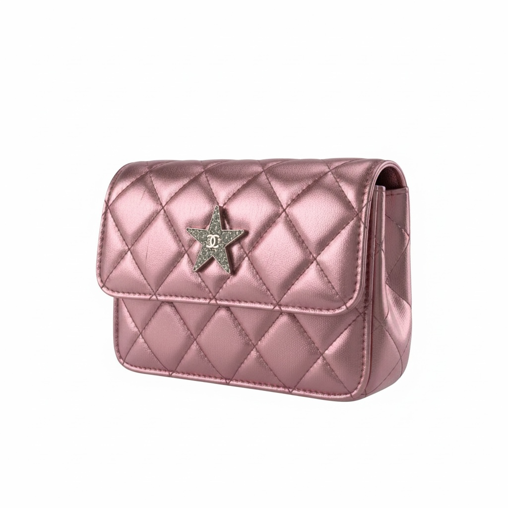 Chanel Quilted Metallic Pink Mini Flap Set – Star Detail & Matching Pouch 💗✨