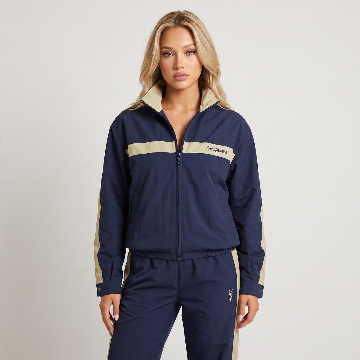 SaintLaurent Track Jacket Set – Navy Beige 🧥