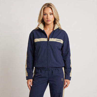Saint Laurent navy and beige two-piece tracksuit with YSL logo