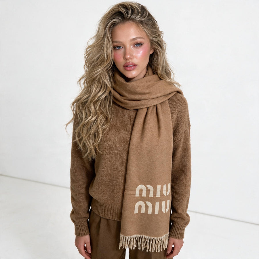 Miu Miu Wool-Blend Logo Scarf — Camel
