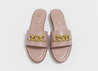 Valentino VLogo Nude Leather Slides 🤍✨ Premium Gold Chain