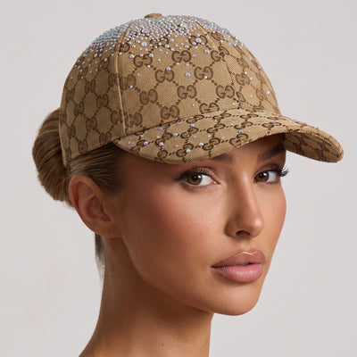 Beige GG monogram baseball cap with crystal embellishments on the crown