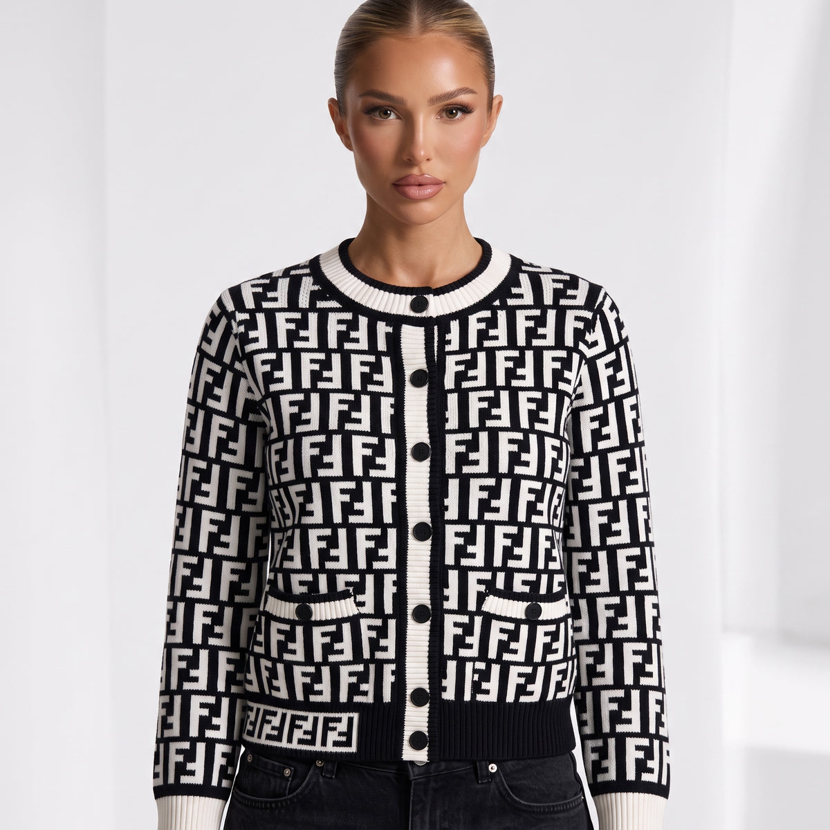 black and white monogram knit cardigan with buttons and ribbed trims