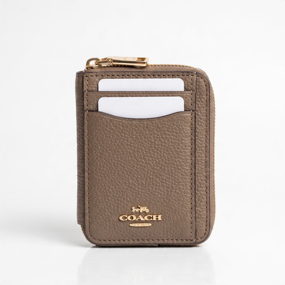 Coach taupe zip card case with front card slots and gold logo