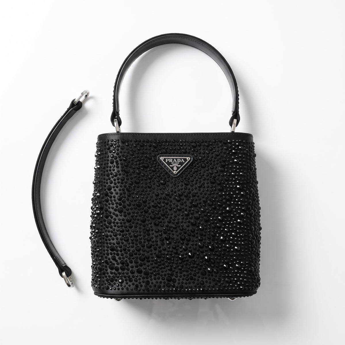 Prada black crystal-studded bucket bag with top handle and detachable strap