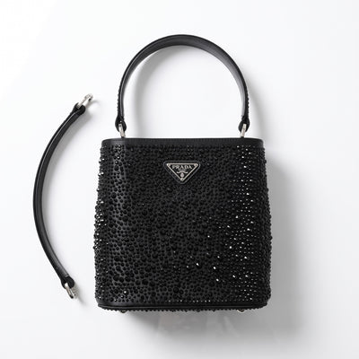 Prada black crystal-studded bucket bag with top handle and detachable strap