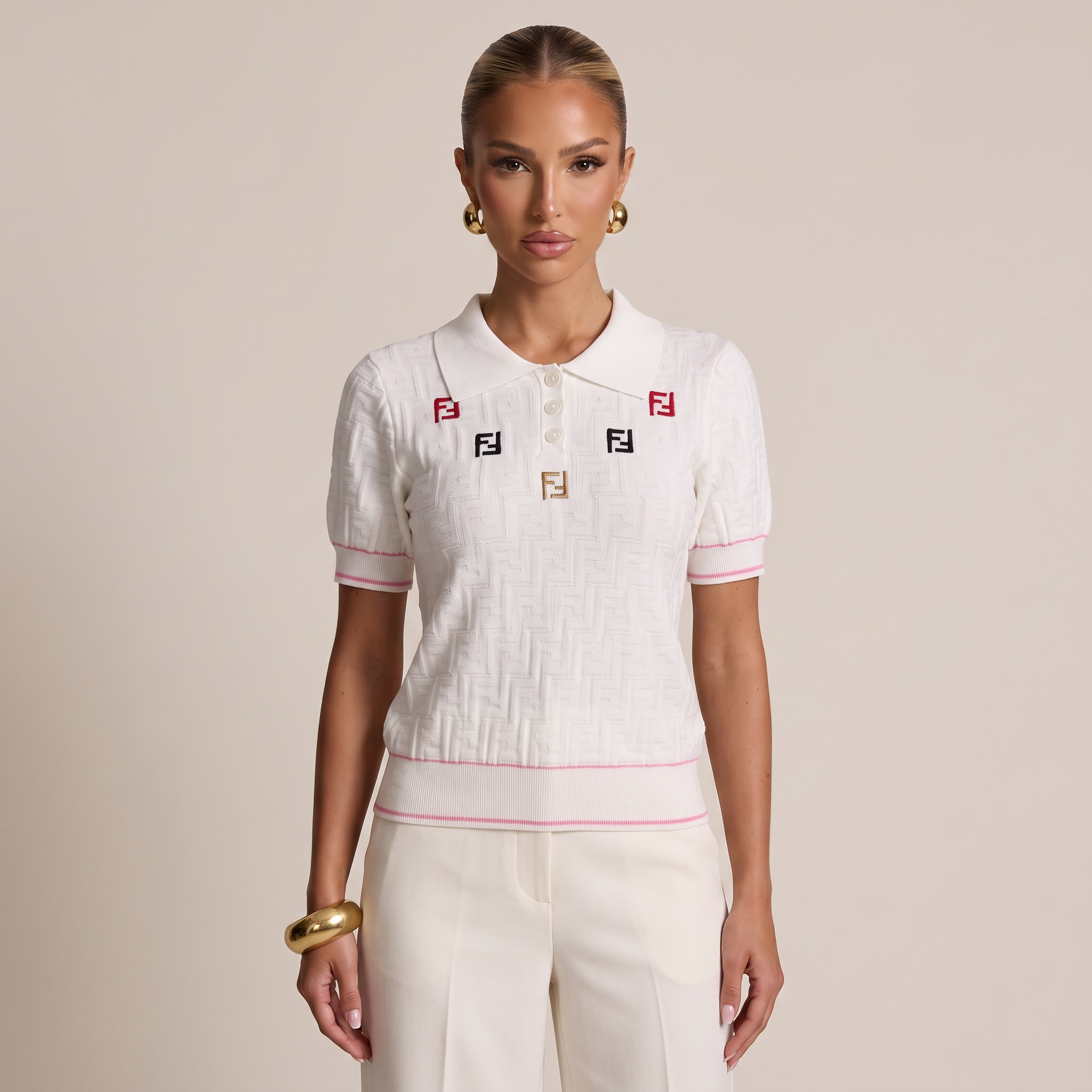 🤍 Fendi FF Knit Polo Top – White ( one size)
