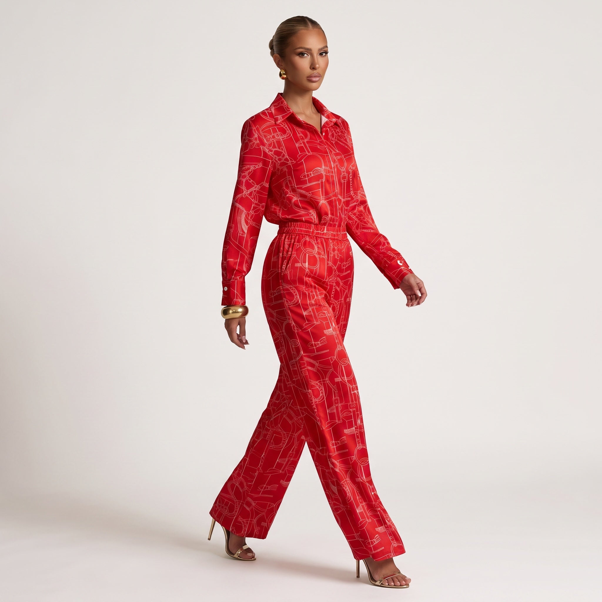 Red long-sleeve button-up shirt with white equestrian line print