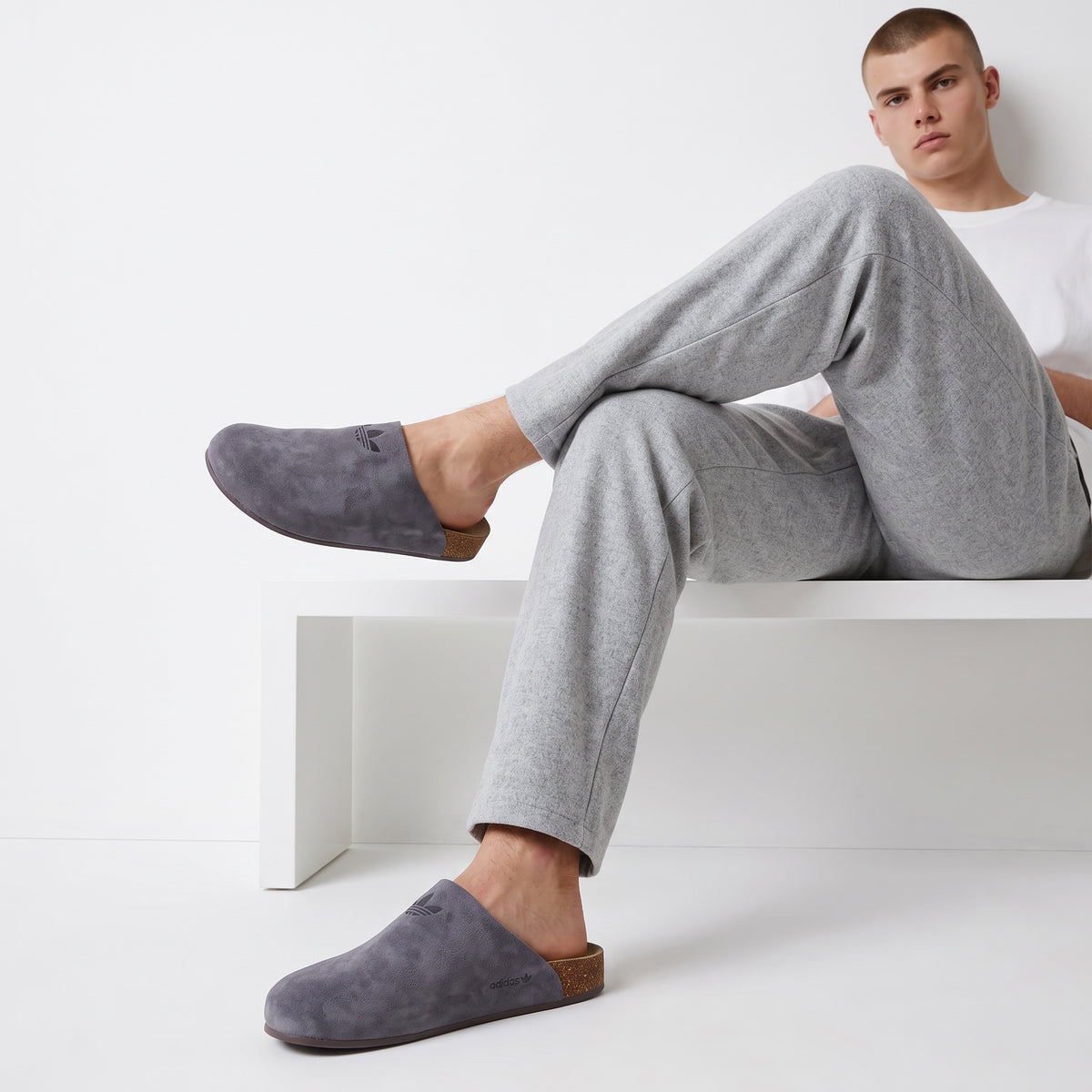 Adidas grey mule clog with suede-look upper and cork-effect heel