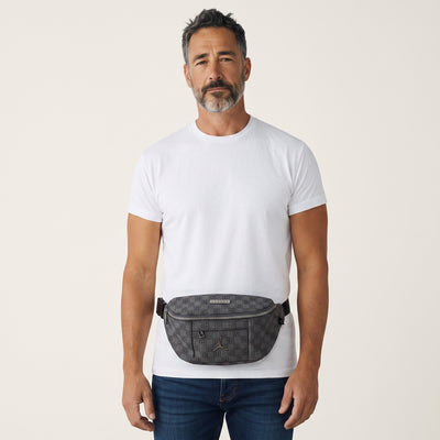 Jordan grey monogram waist bag with metal Jumpman logo worn at the waist